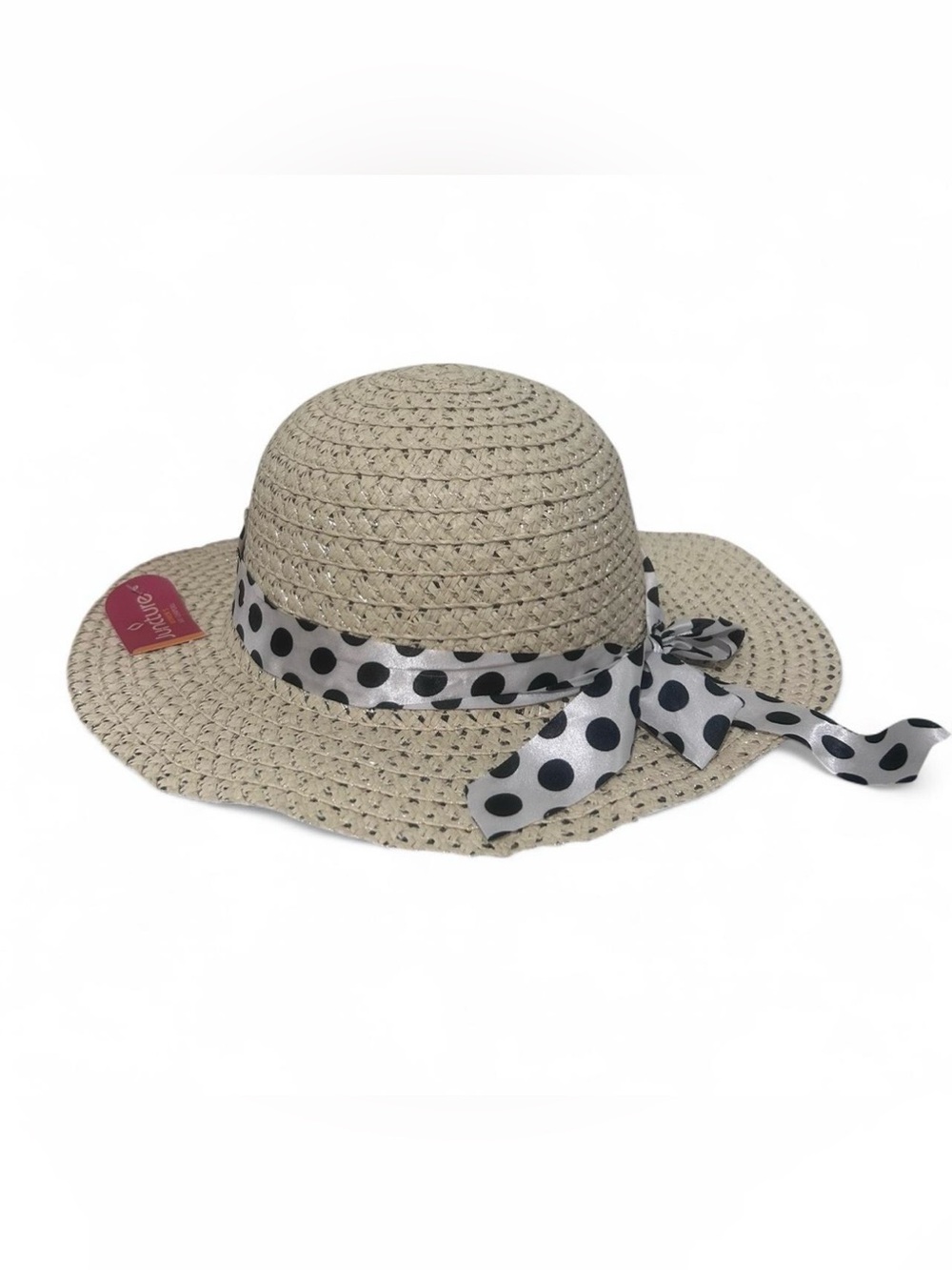 Juncture Women’s Straw Sun Hat with Black & White Polka Dot Ribbon Bow